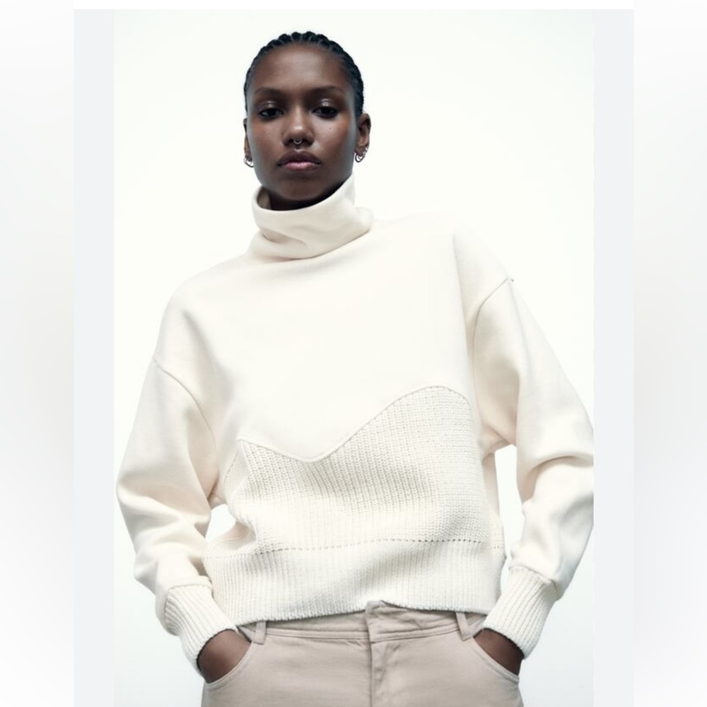 Zara Crew Neck Rib Blended Fabrics Long Sleeves Plain